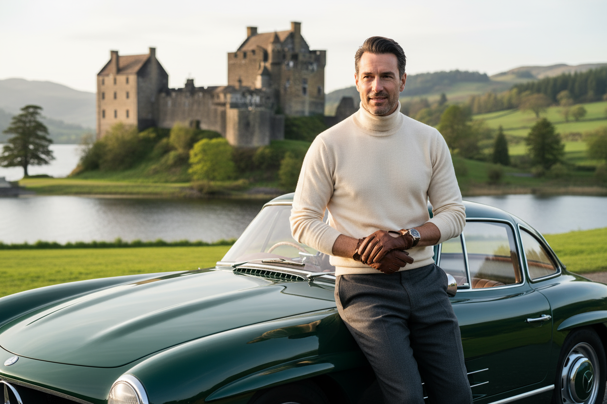 crie uma imagem de um homem de 40 anos encostado em um carro, antigo, com um catelo no fundo, usando um sueter elegante.