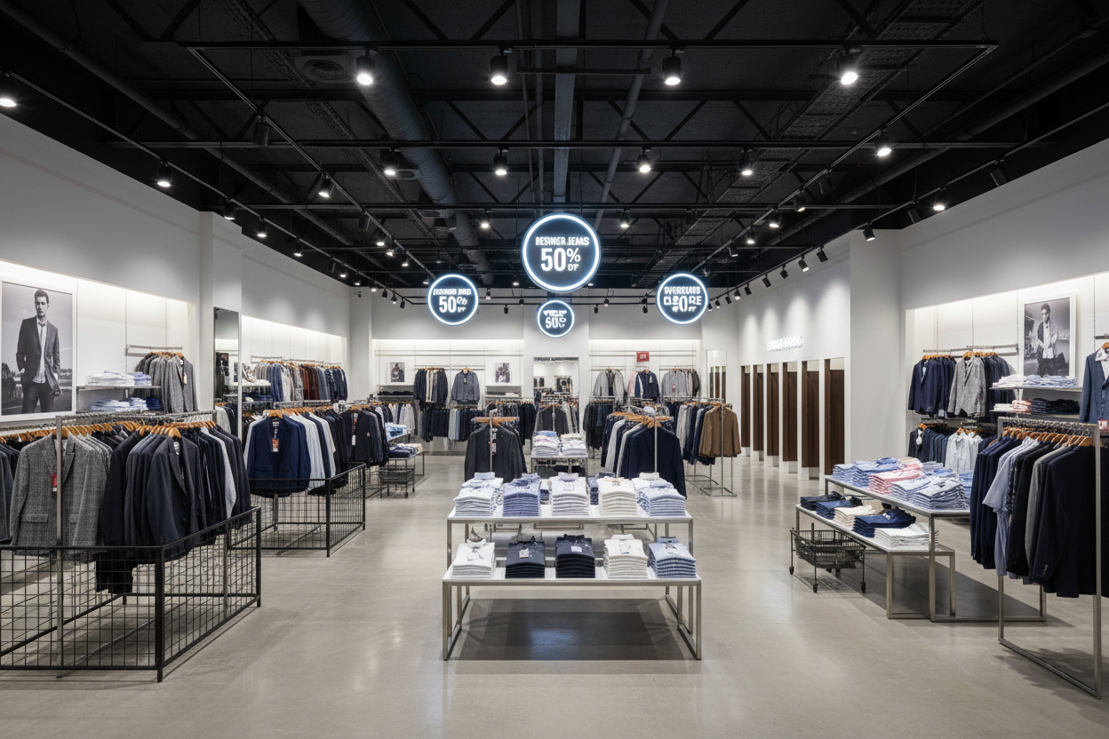 interior de uma loja de roupas masculina elegante, estilo OUTLETS famosas